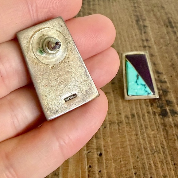 Sterling Silver, Turquoise and Purple-Gemmed Geometric Earrings EUC - Picture 2 of 5